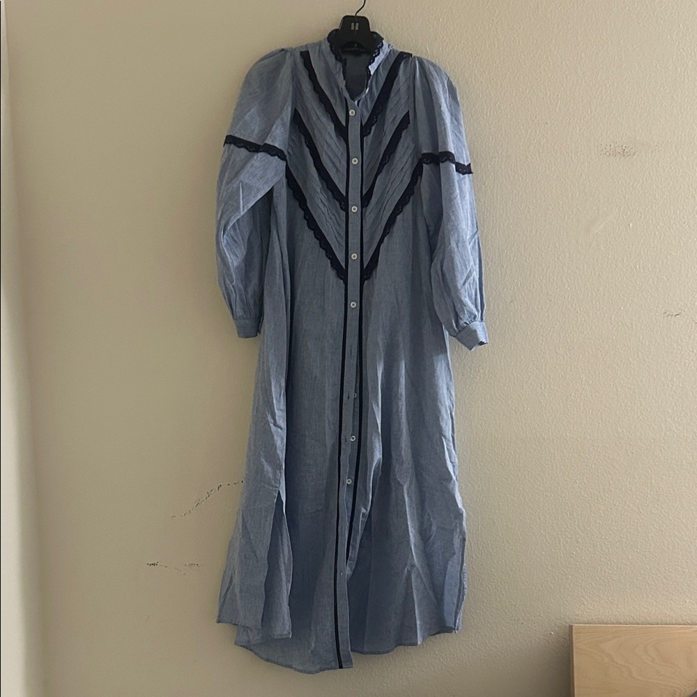 Pomander Place Light Blue Long Button Front Coat Dress with Navy Trim